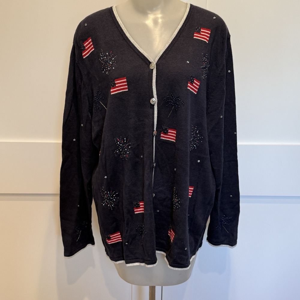 CJ‎ Banks 1X Patriotic Flag Fireworks Cardigan Sweater Plus Size Beaded USA